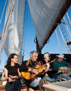 Lucy Kaplansky, David Amram, Raffi and Pete Seeger on the Hudson River Sloop Clearwater. Photo: Econosmith.com